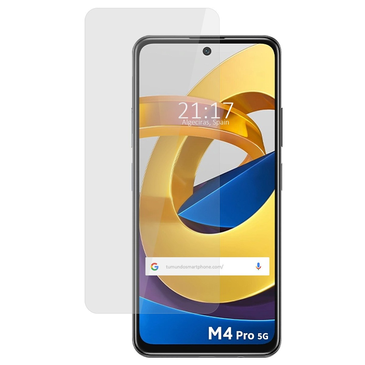 Telefono e protezione schermo. Lo schermo mostra un design giallo-arancione. M4 Pro 5G.