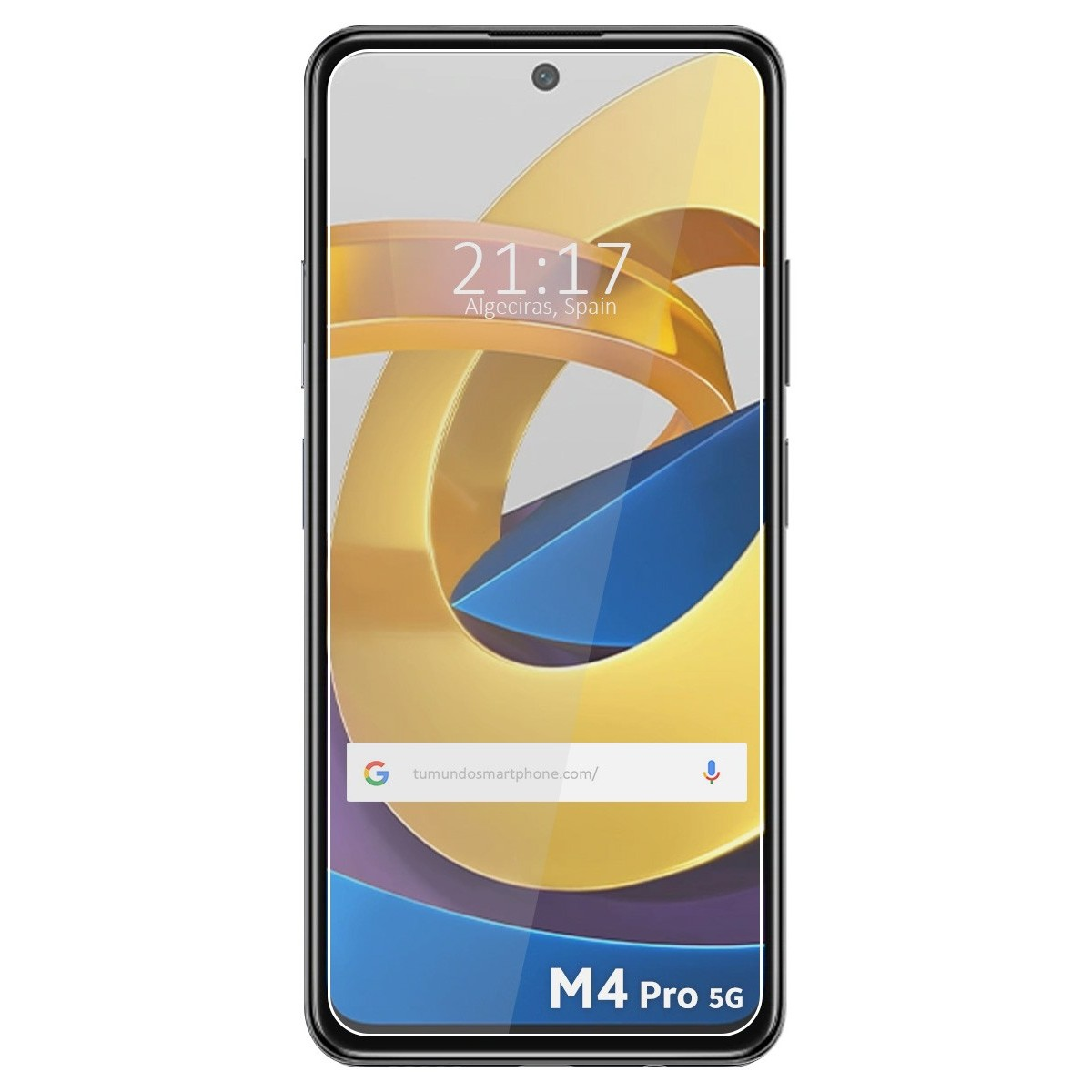 Smartphone con design astratto oro e blu. L'ora è 21:17, Algeciras, Spagna. Il telefono è M4 Pro 5G.