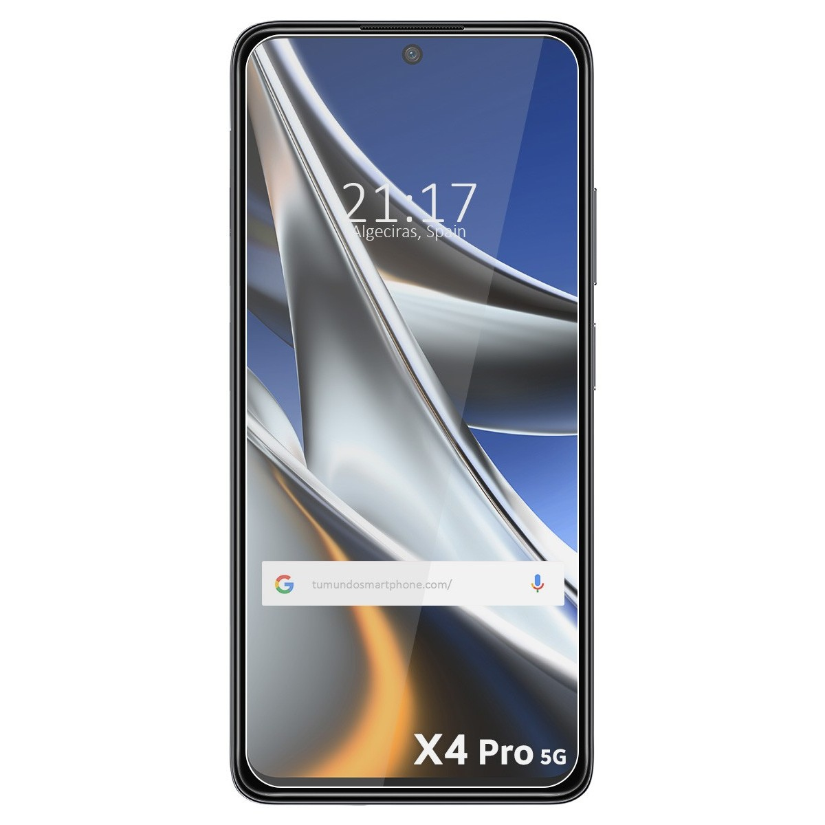 Schermo del telefono con ora, barra di ricerca e protezione schermo in vetro. Design argento.