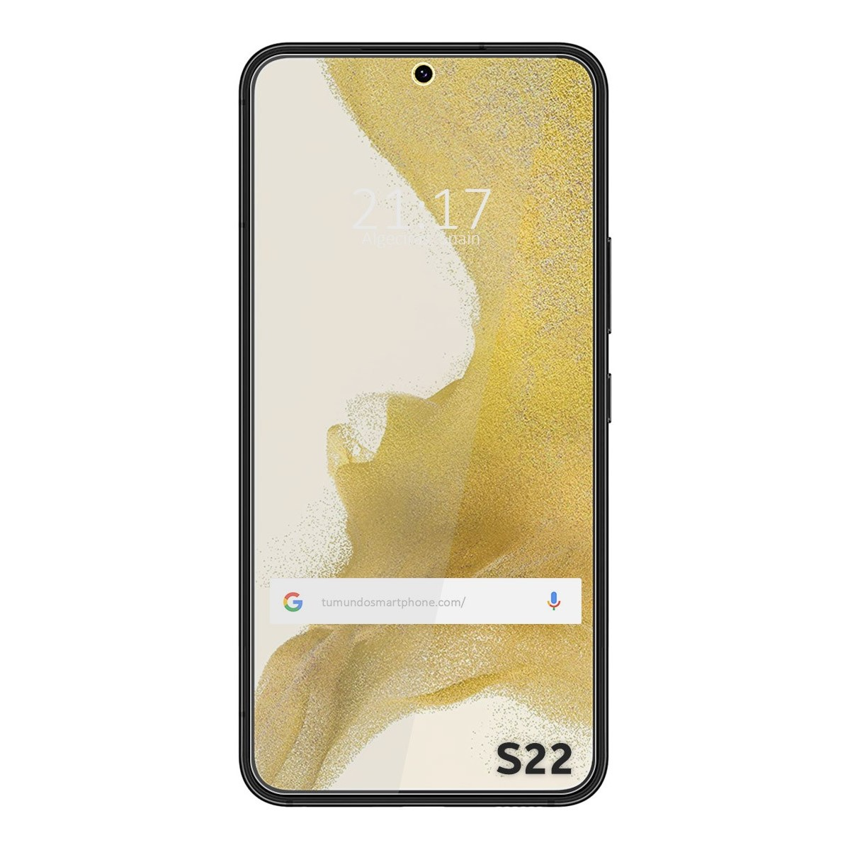 Smartphone con protezione schermo. Mostra ora e posizione.