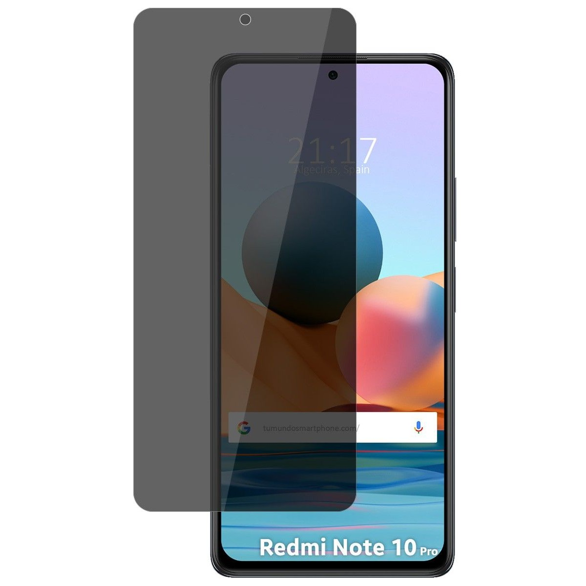 Un telefono con protezione schermo. Lo schermo mostra l'ora e un'immagine astratta colorata, con l'etichetta Redmi Note 10 Pro.