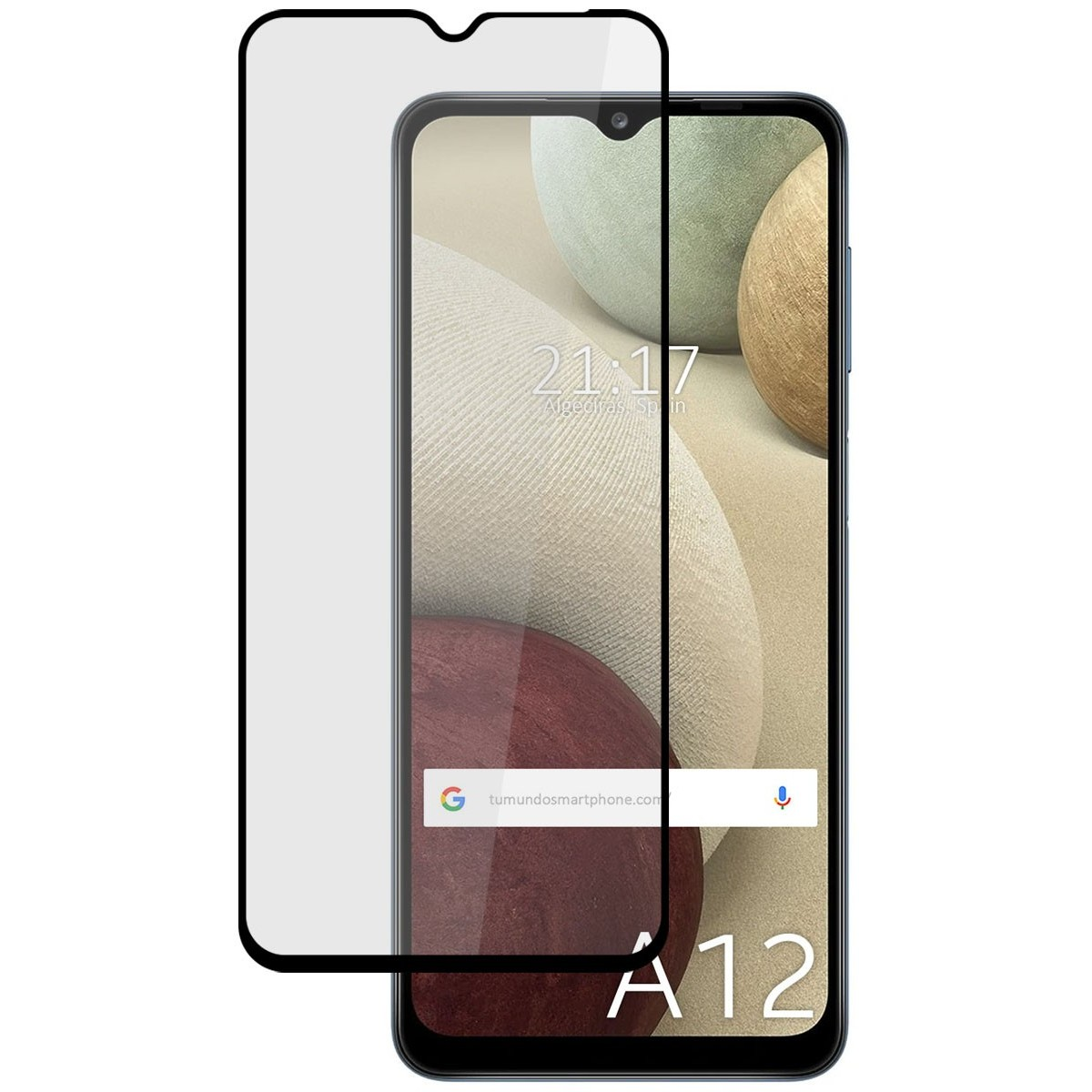Telefono con protezione per lo schermo. Visualizza ora, data e barra di ricerca di Google. Il testo recita A12.