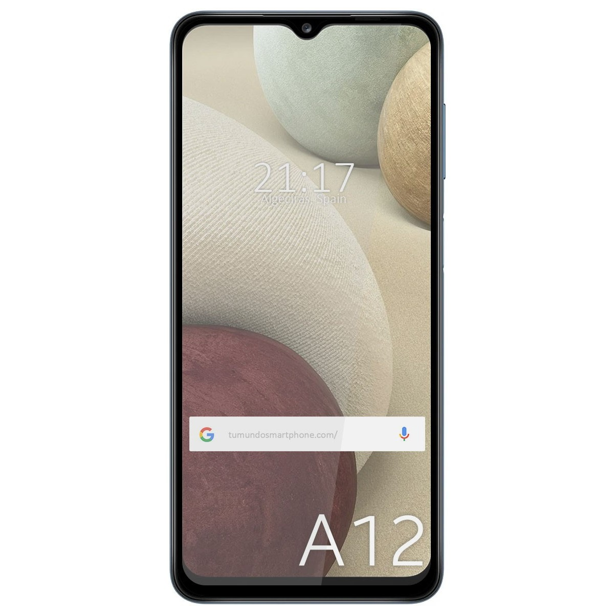 Lo smartphone mostra ora, data e forme beige-marrone. Testo A12 nella parte inferiore dello schermo.