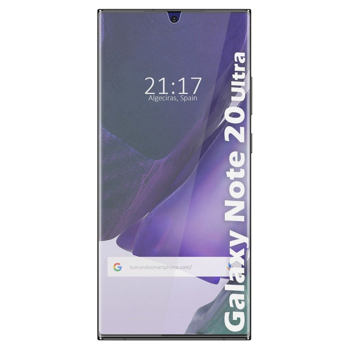 Smartphone con schermo acceso, mostra le 21:17 e un sito web. Marchio Galaxy Note 20 Ultra.