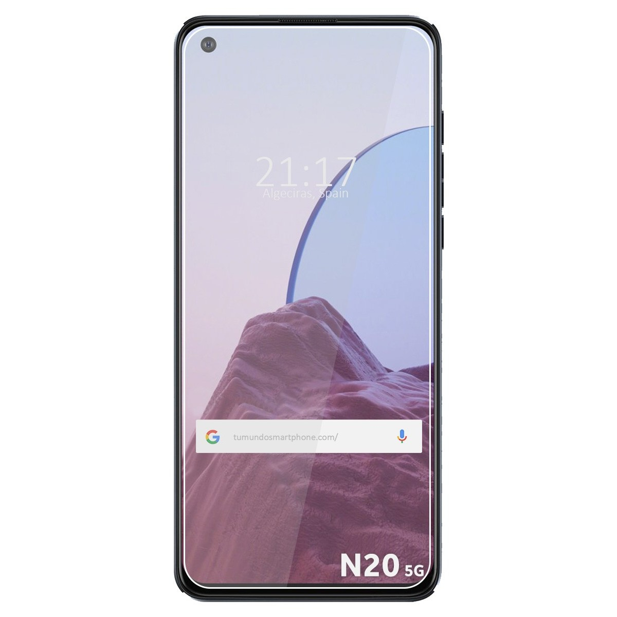 Teléfono negro con visualización de hora y texto N20 5G. Pantalla con montaña y agua.