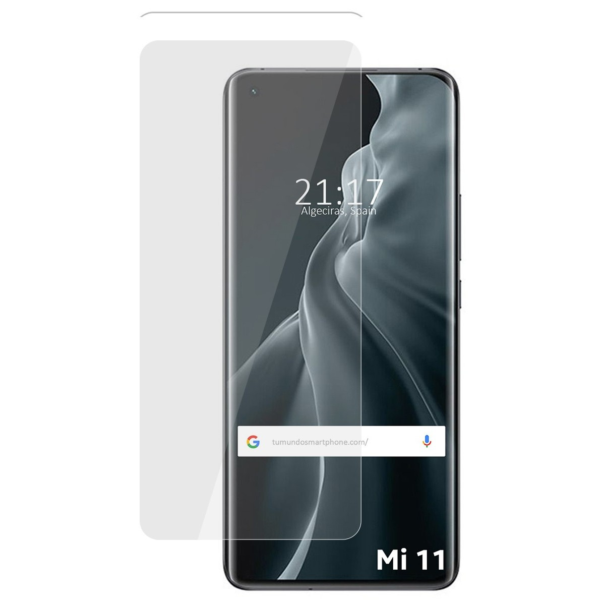 Smartphone e protezione schermo. Mostra ora e luogo. Marchio Mi 11 in basso.