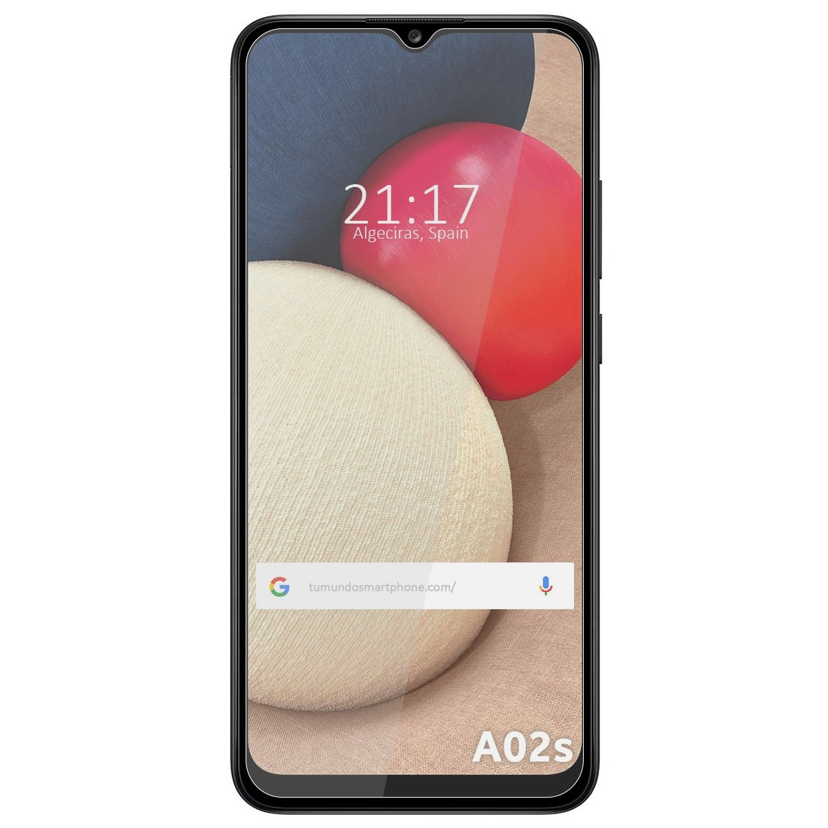 Smartphone con pantalla muestra la hora y dirección web, diseño rojo.