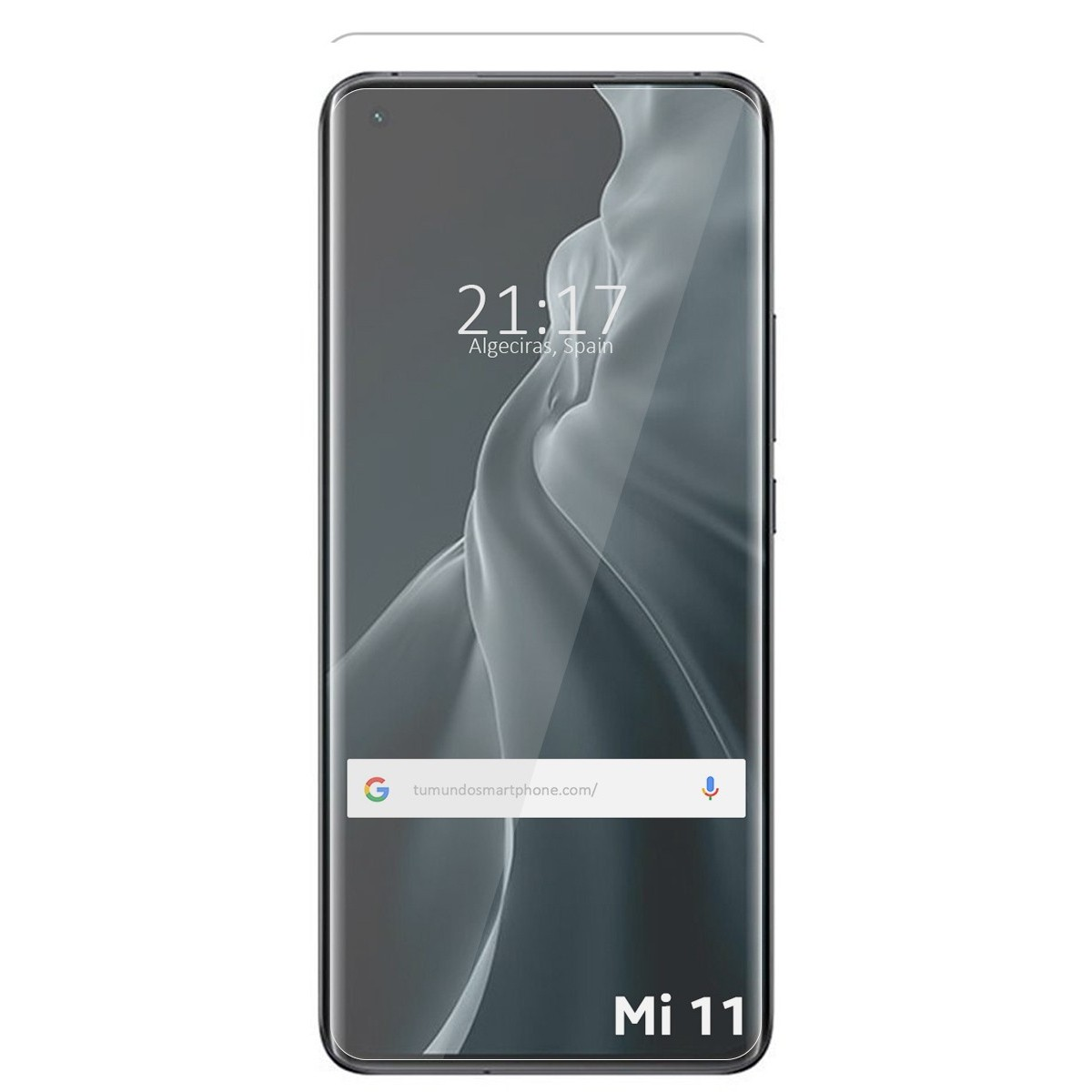 Schermo smartphone con ora, barra di ricerca e modello Mi 11.