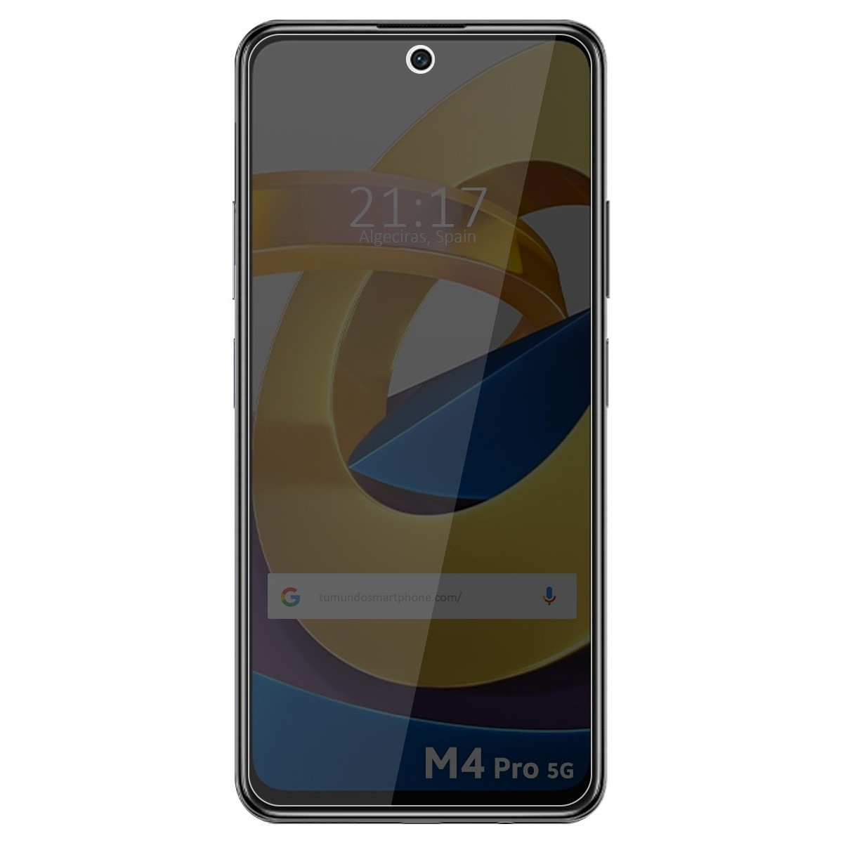 Smartphone con schermo che mostra ora, città e sito web, più logo. Telefono nero, testo M4 Pro 5G.