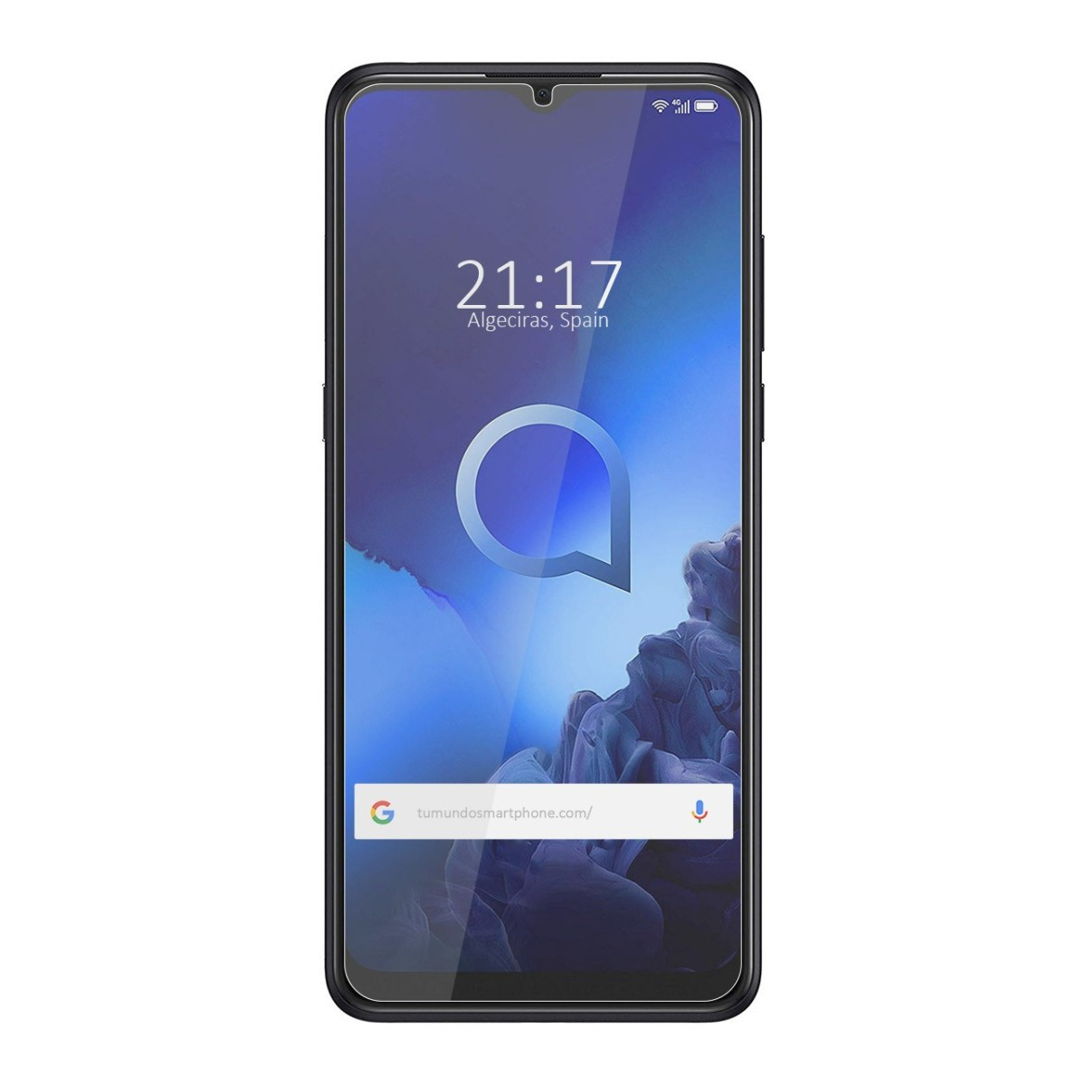 Smartphone negro muestra hora, ciudad y logo. Pantalla con fondo azul y logo y texto blanco.