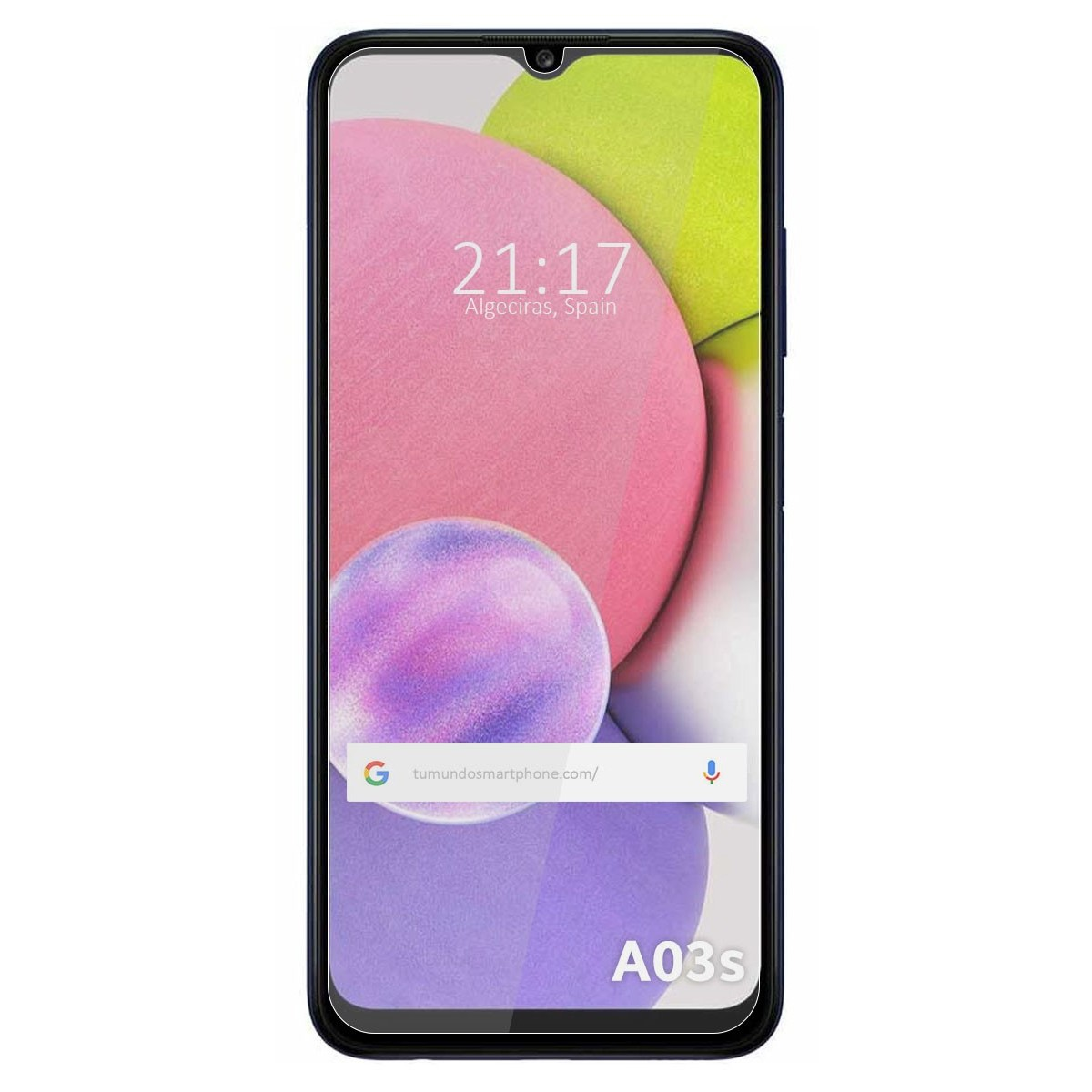 Lo schermo del telefono Samsung A03S mostra l'ora, Algeciras, Spagna e una barra.