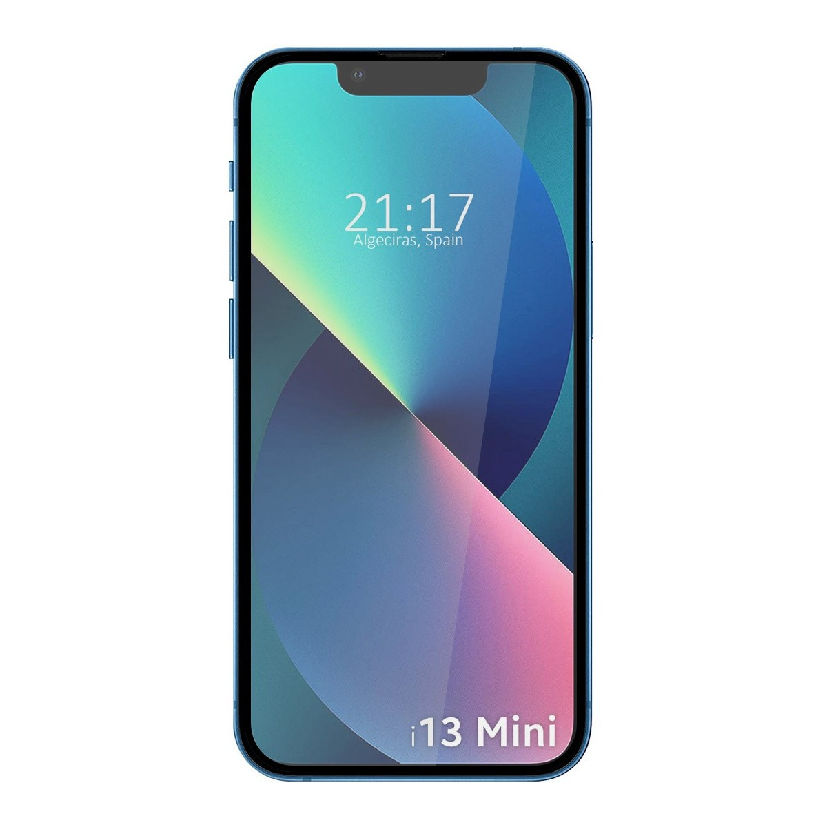 Un telefono blu con una protezione per lo schermo. Lo schermo mostra un'immagine colorata e l'ora.