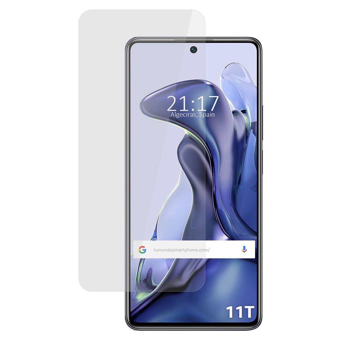 Teléfono negro Xiaomi 11T con protector de pantalla. La pantalla muestra la hora y una barra.