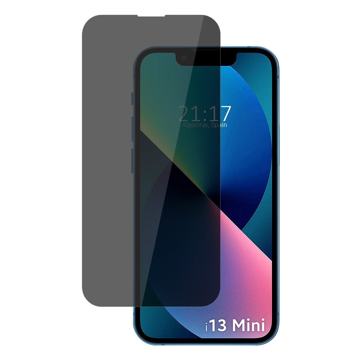Pantalla de smartphone con protector. Muestra hora, ubicación y modelo i13 Mini. El protector es gris oscuro.