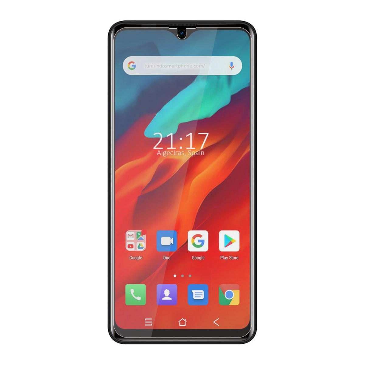 Pantalla del teléfono con hora, barra de búsqueda e iconos de aplicaciones. El fondo es una mezcla de rojo, azul y naranja.
