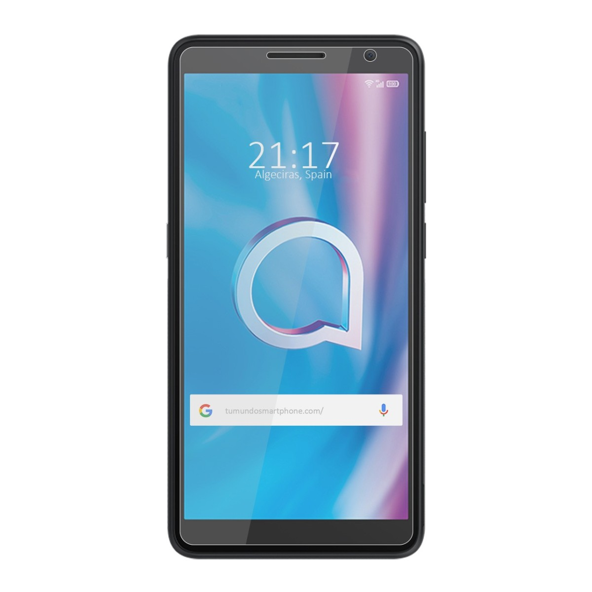 El teléfono muestra la hora y un logotipo. El teléfono es un modelo Alcatel.