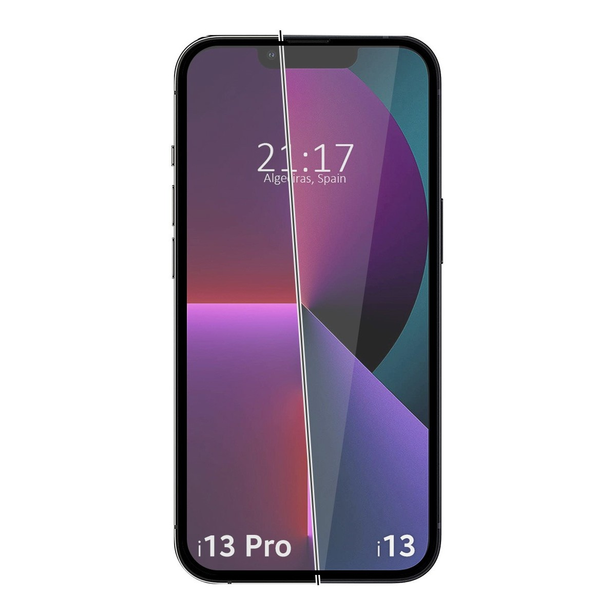 Un iPhone 13 Pro mostra l'ora e la data su un design astratto diviso con colori viola e verde acqua.