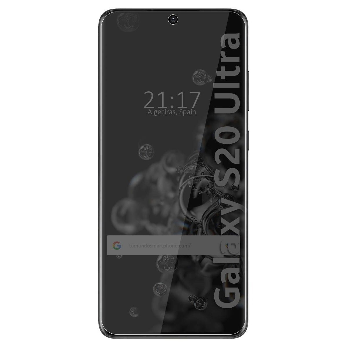 Smartphone con protezione schermo, mostra ora, data e modello 'Galaxy S20 Ultra'.