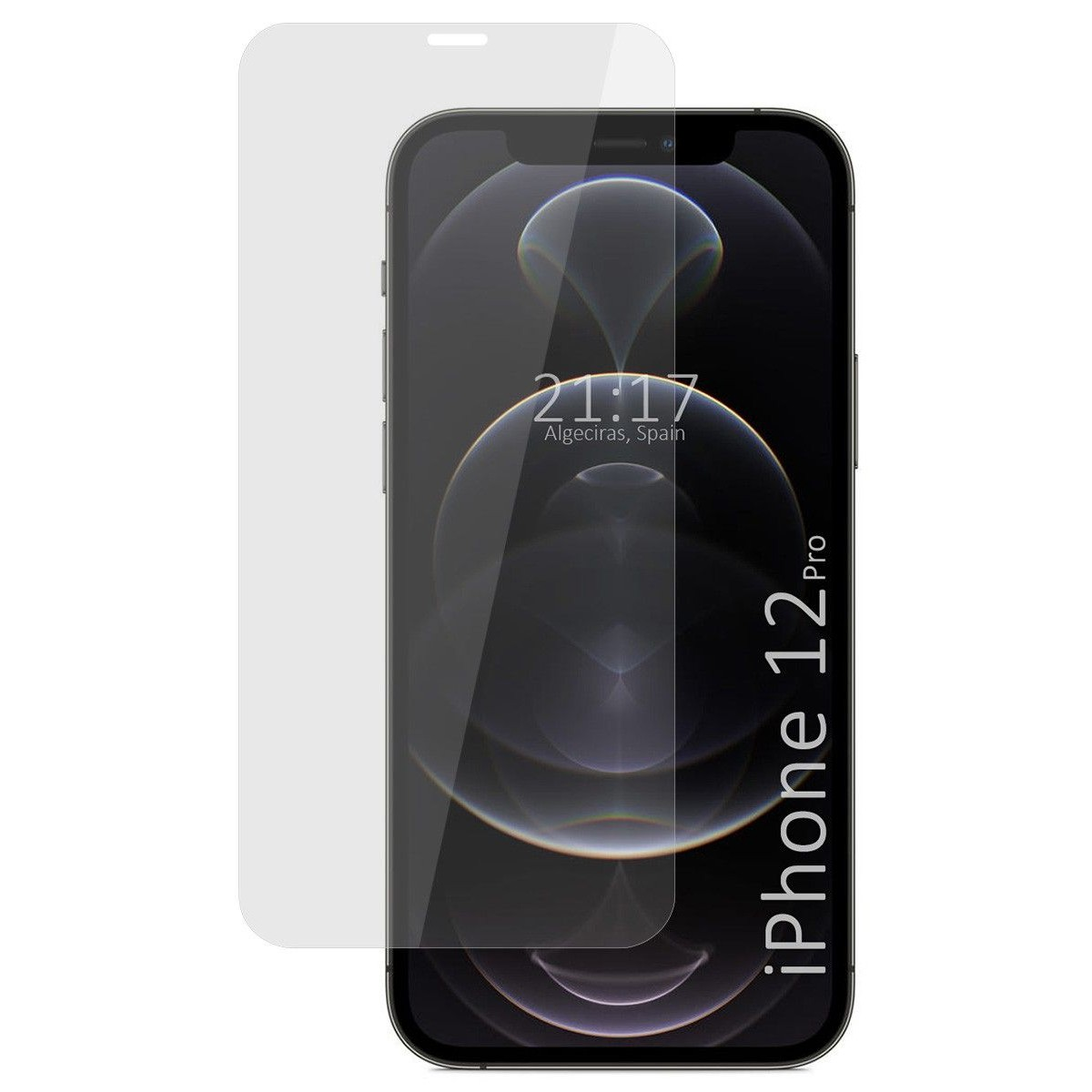 Smartphone con protector de pantalla. El teléfono es iPhone 12 Pro. Se muestra la hora y el lugar.