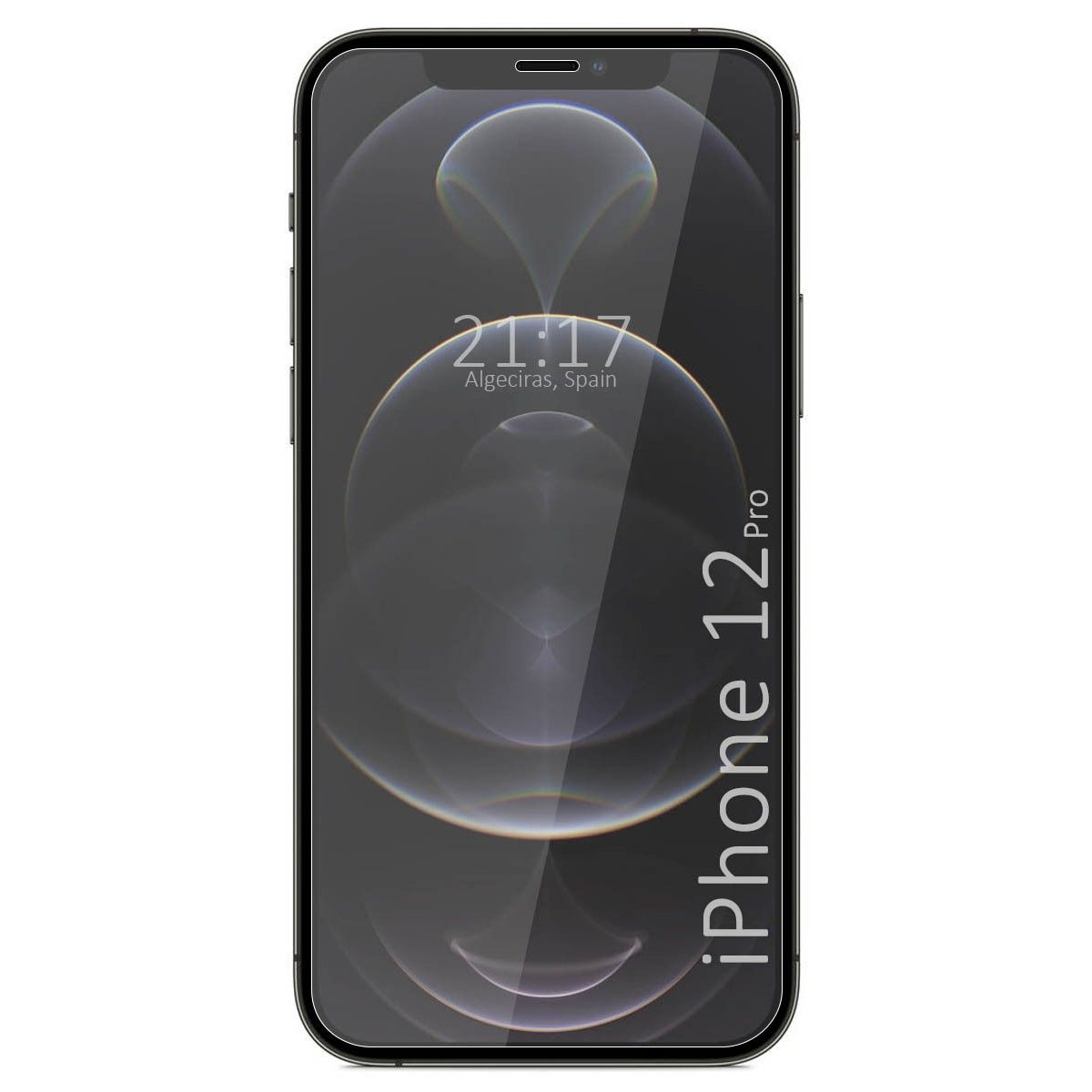 iPhone 12 Pro sobre fondo blanco. Muestra 21:17, tiene pantalla negra con diseño de círculos concéntricos.