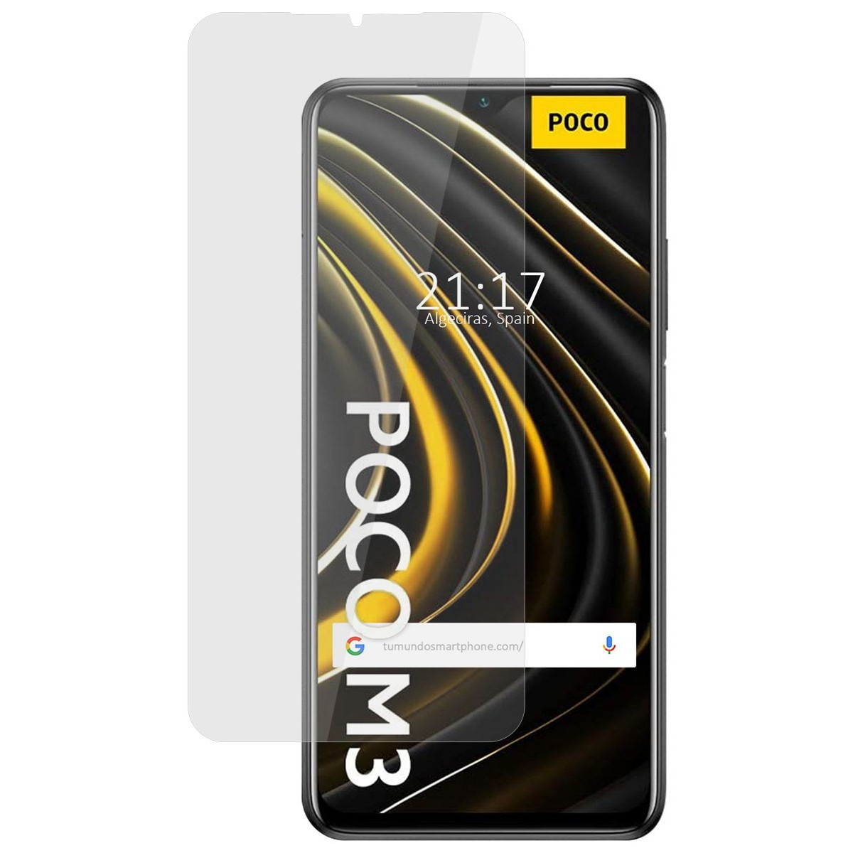 Smartphone con protezione schermo, ora, sito web, etichetta Poco M3, sfondo nero e giallo.