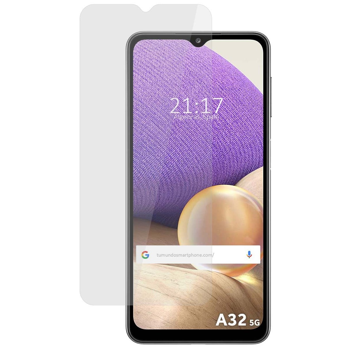 Uno smartphone con protezione schermo, che mostra uno sfondo viola e l'ora 21:17. A32 5G è visibile.