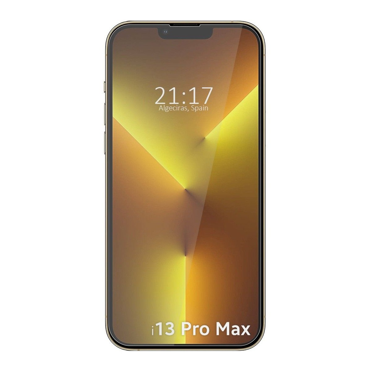 Smartphone con cornice dorata. Lo schermo mostra una sfumatura giallo-arancio e l'ora.