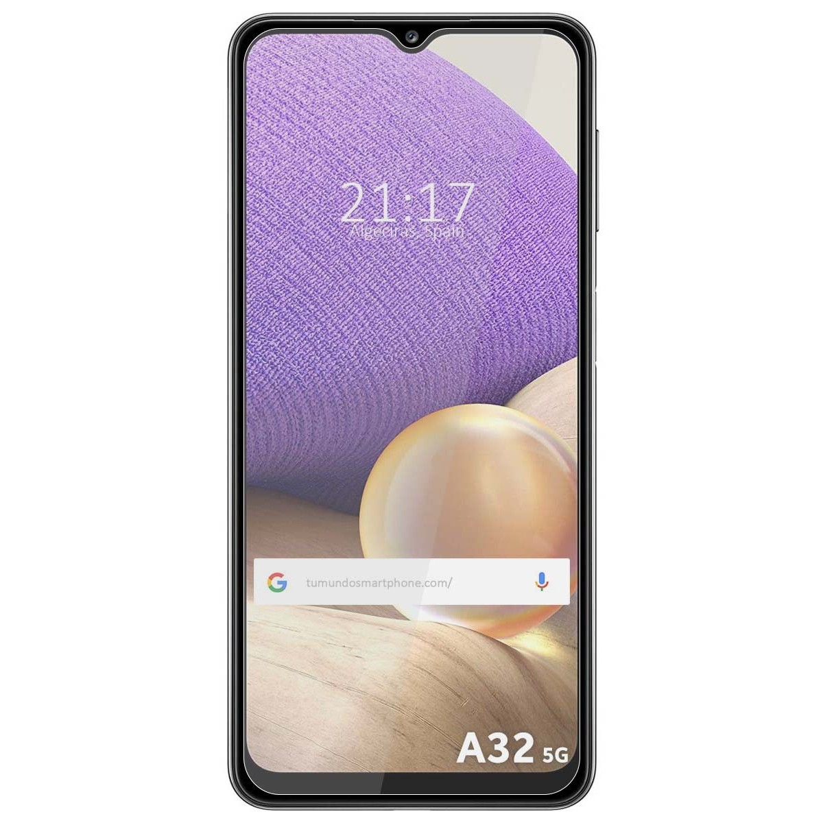 Schermo del telefono che mostra l'ora 21:17. Testo A32 5G in basso. Lo schermo mostra uno sfondo.