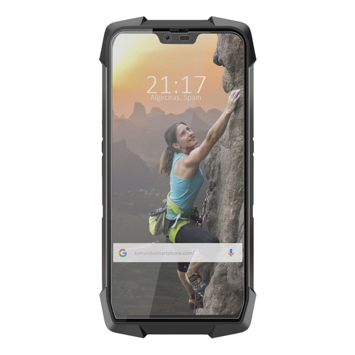 Smartphone con una mujer escalando una roca; también muestra una dirección web.