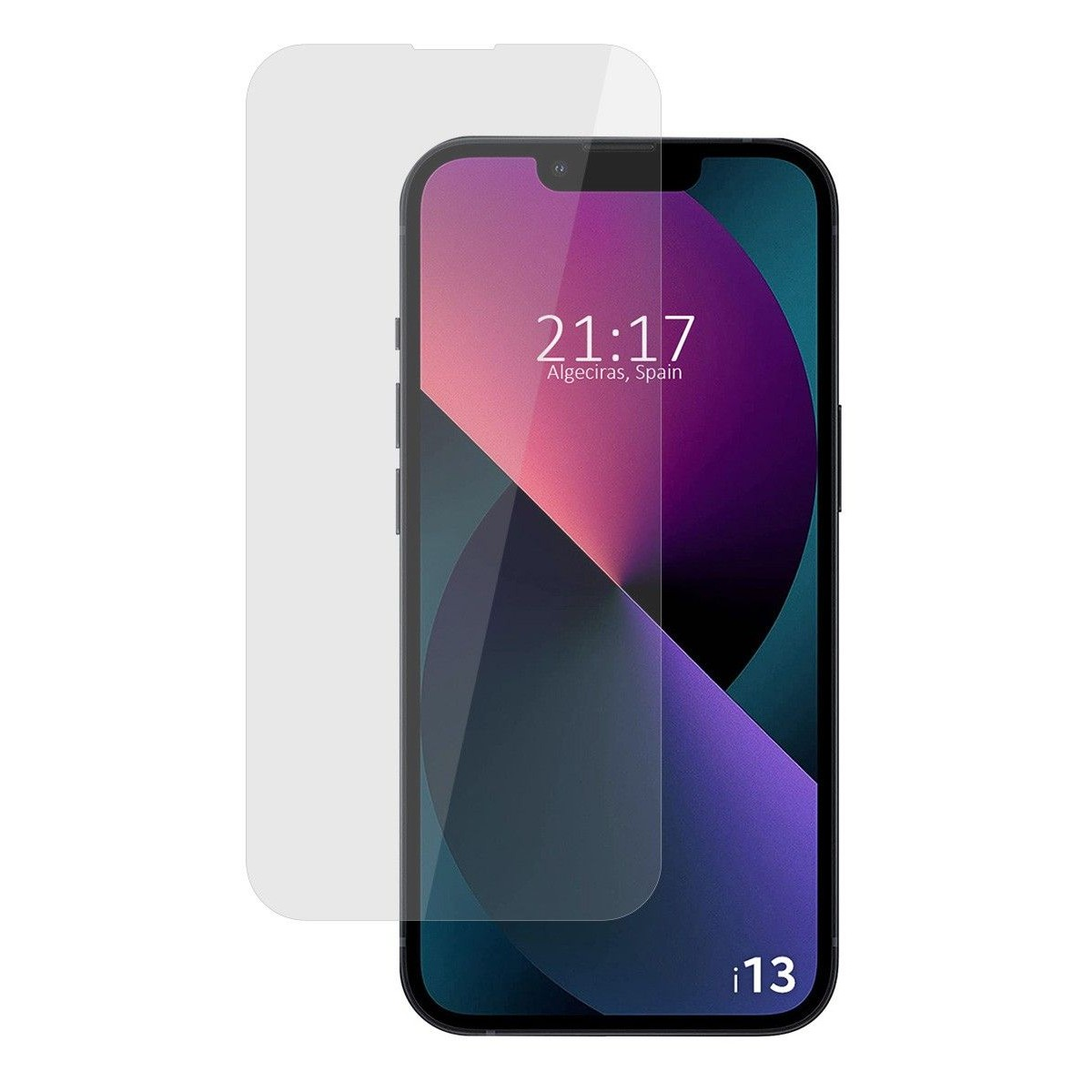 Smartphone con protector de pantalla. Hora 21:17, Algeciras, España. Modelo i13.