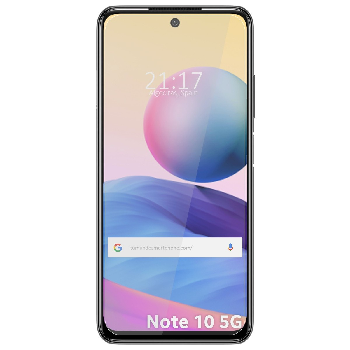 Smartphone con protezione schermo. Ora: 21:17 Algeciras, Spagna. Barra di ricerca Google.