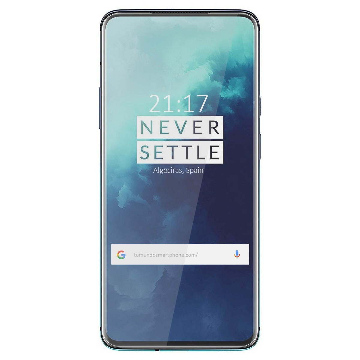 La pantalla del teléfono OnePlus muestra la hora, Algeciras, España y una barra de búsqueda.