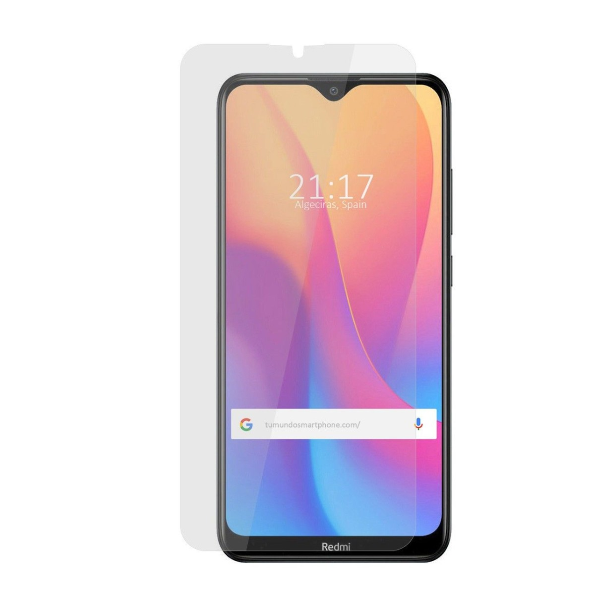 Telefono con protezione schermo. Lo schermo mostra l'ora, la città e il logo. Il telefono ha l'iscrizione Redmi.