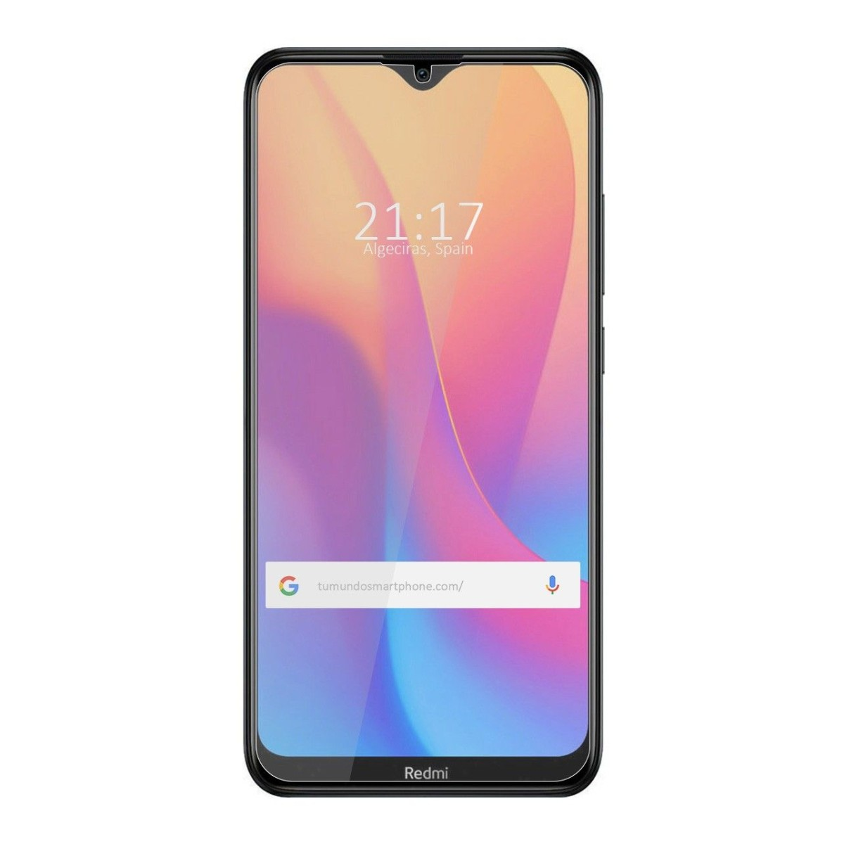Smartphone con ora, barra di ricerca Google e logo Redmi.