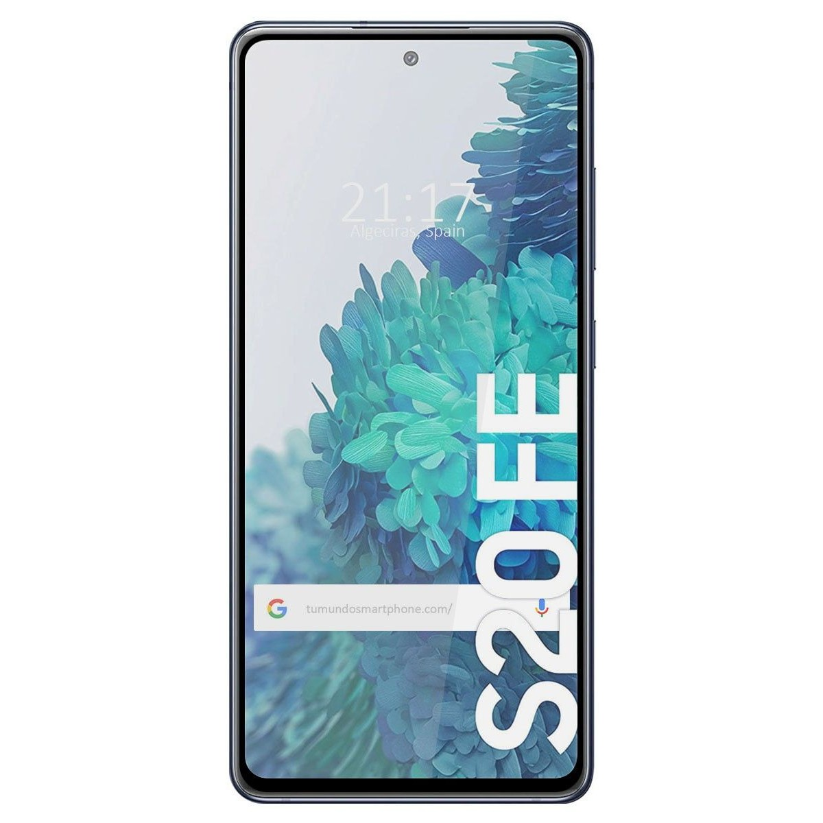 Telefono nero con ora e testo S20 FE. Schermo con motivo floreale blu.