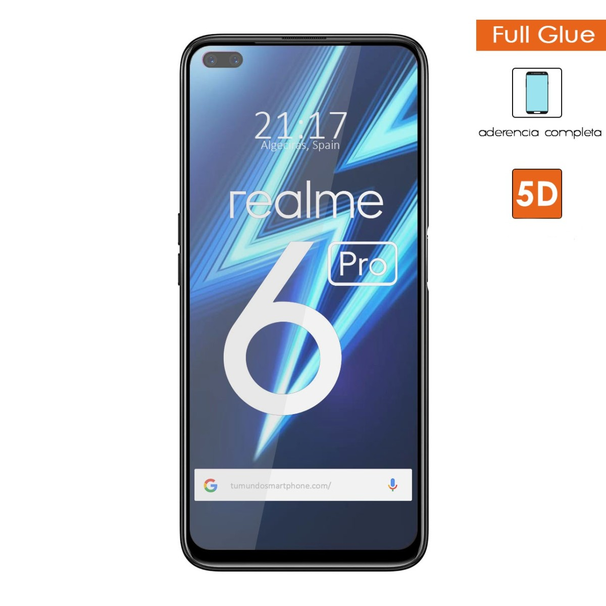 Smartphone con protector de pantalla, visualización de la hora, modelo Realme 6 Pro. Fondo azul.