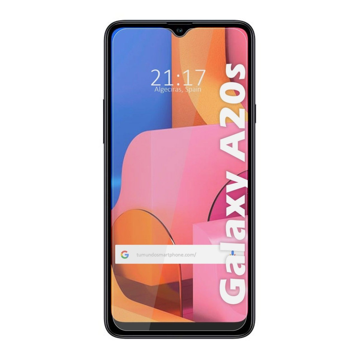 Smartphone mostra ora e luogo. Marchio Galaxy A20s visibile. Sfondo rosa e arancione.