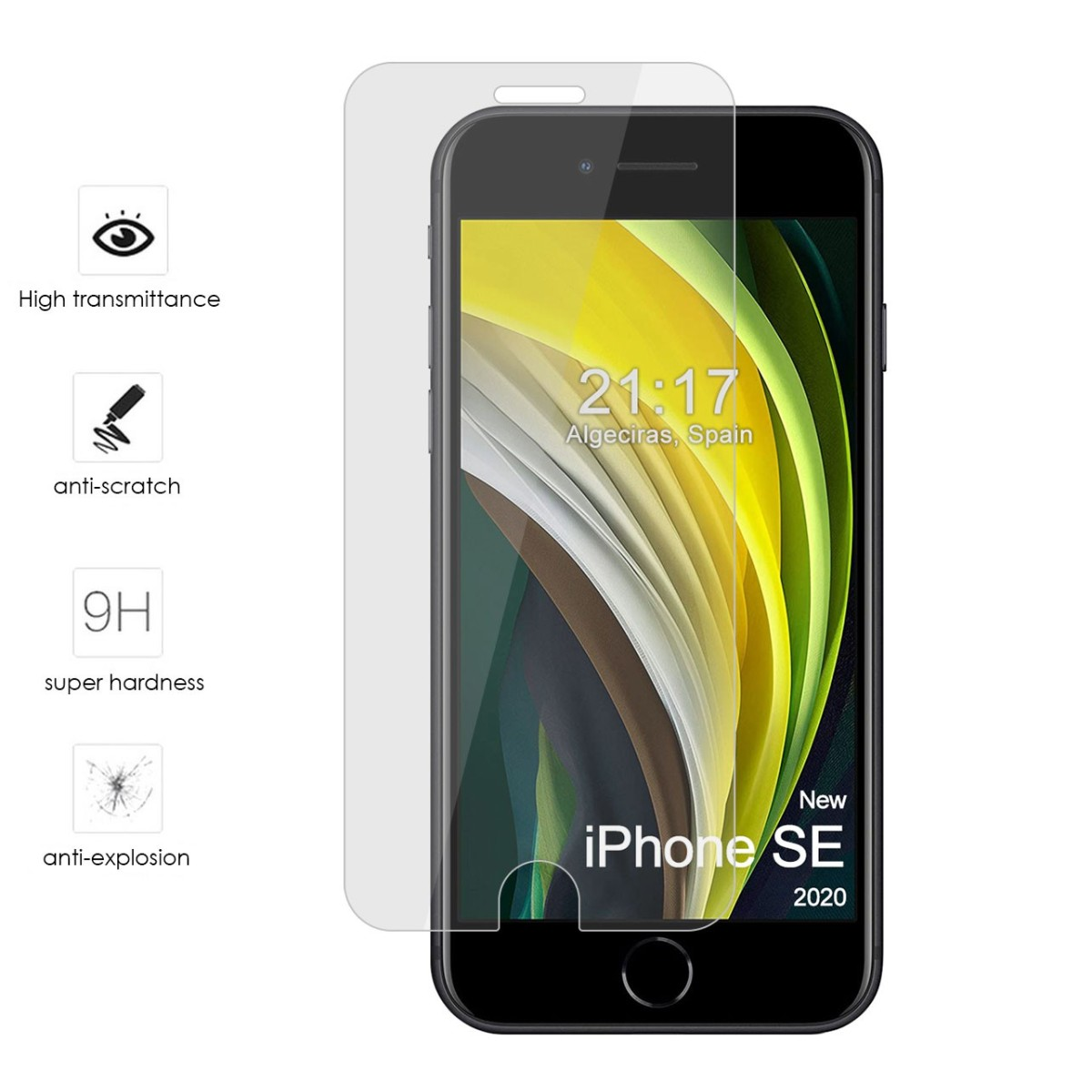 iPhone SE 2020 negro con protector de pantalla. Características: Alta transmitancia, antiarañazos, súper dureza.