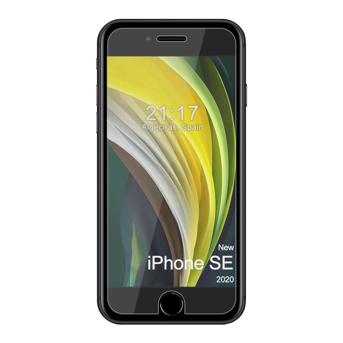 La pantalla del smartphone muestra la hora, la ubicación y el modelo iPhone SE 2020. El protector es transparente.