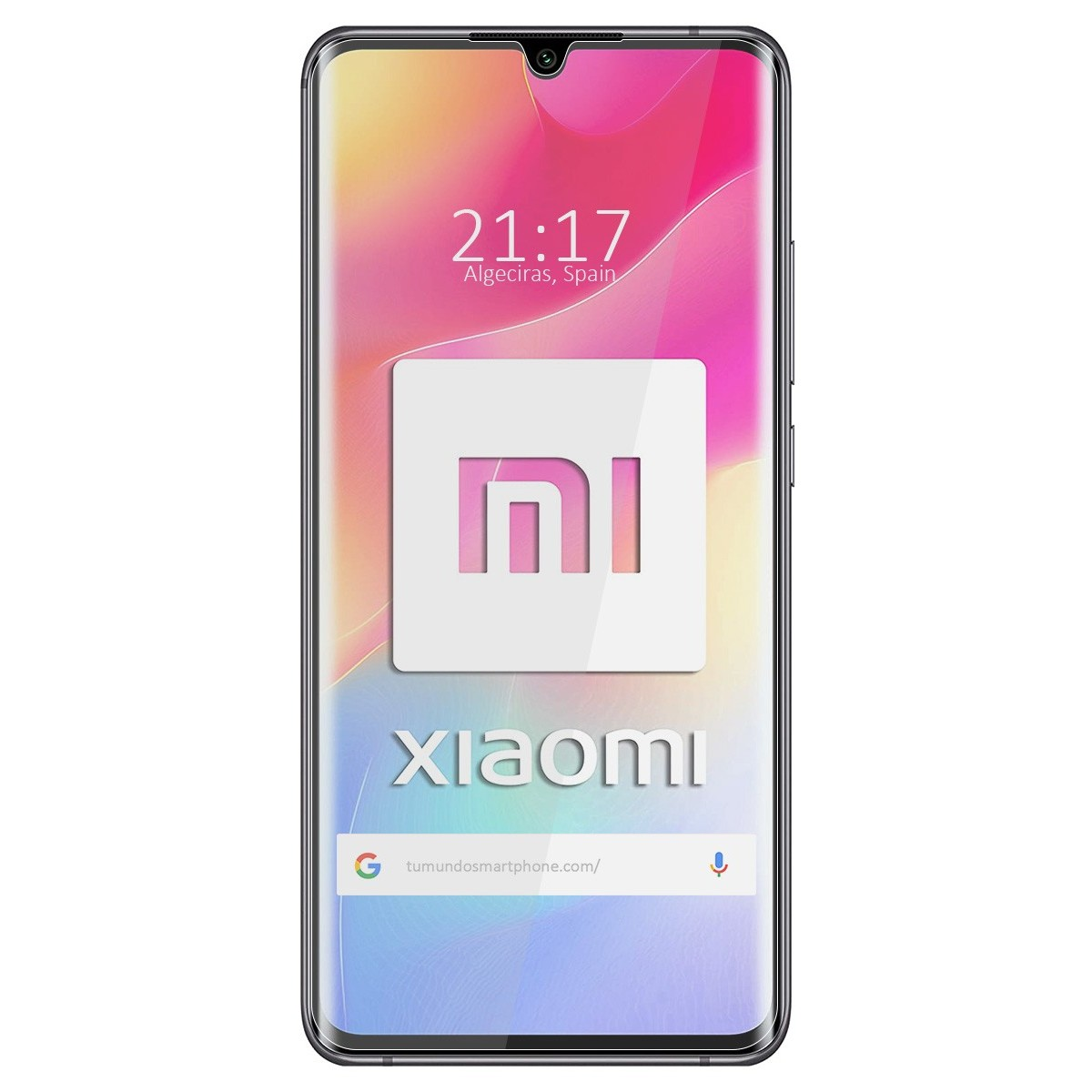 Pantalla de teléfono Xiaomi con la hora 21:17, Algeciras, España, logotipo de Xiaomi y barra de búsqueda.