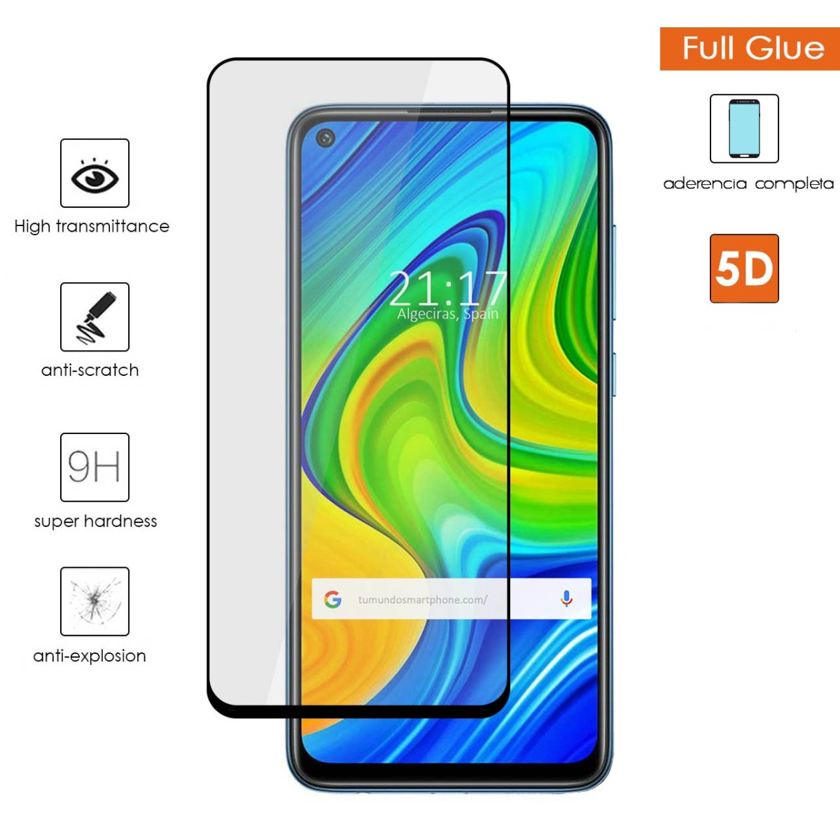 Proteggi schermo per telefono con un telefono sullo schermo. Icone a sinistra e testo a destra.