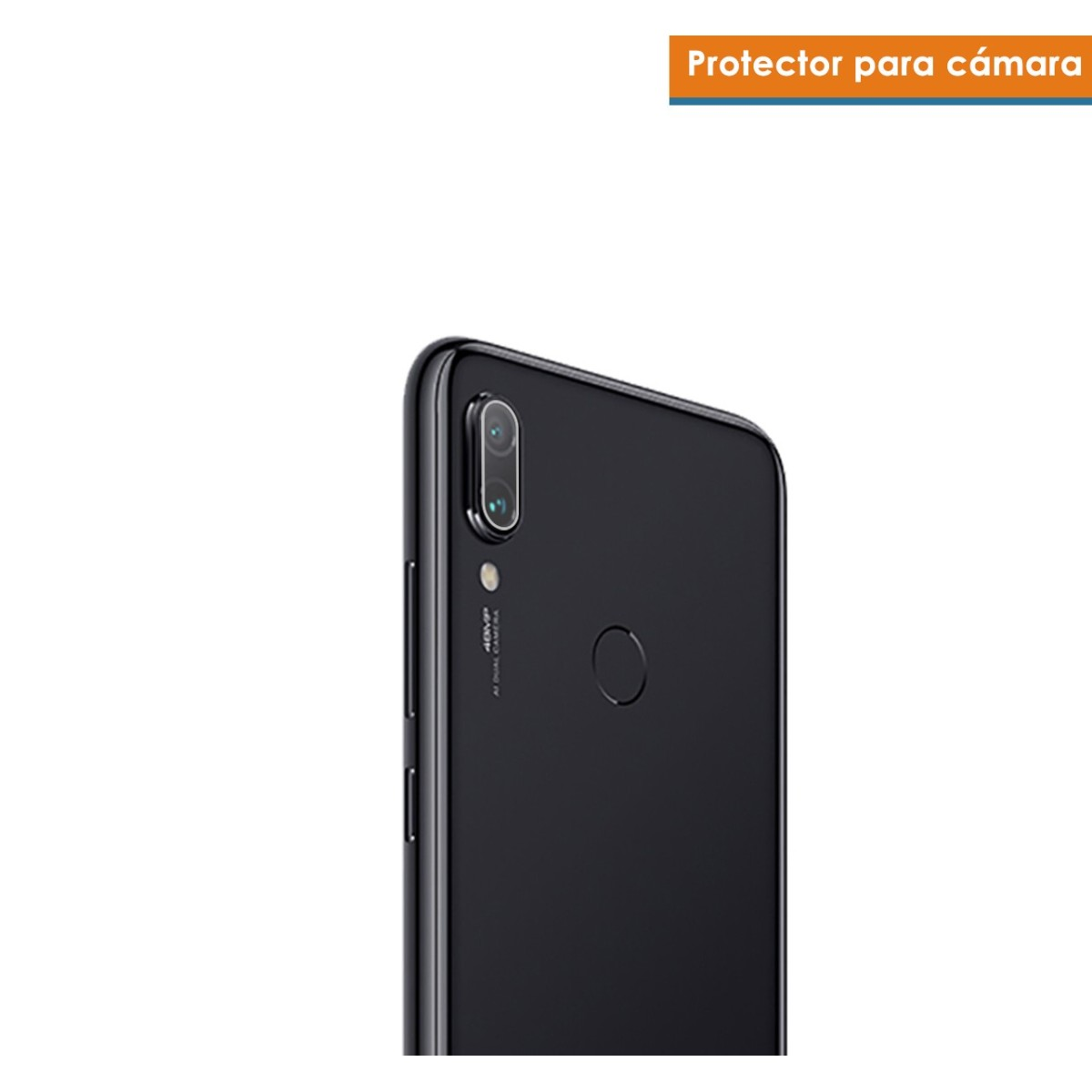 Parte trasera del teléfono con cámara y protector. El protector está etiquetado como "Protector para cámara".