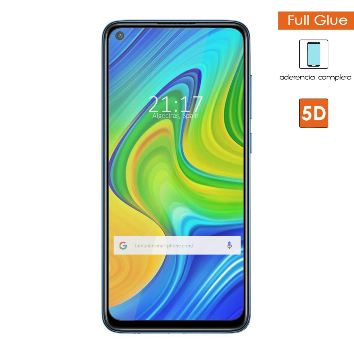Schermo dello smartphone con visualizzazione dell'ora e barra di ricerca di Google. Mostra Full Glue e 5D.