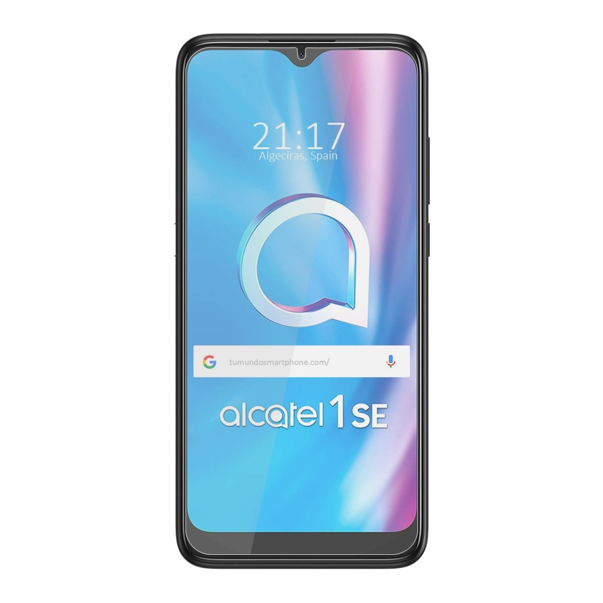 Smartphone mostrando hora, ubicación y barra de búsqueda de Google. Es un Alcatel 1 SE, con marco negro.