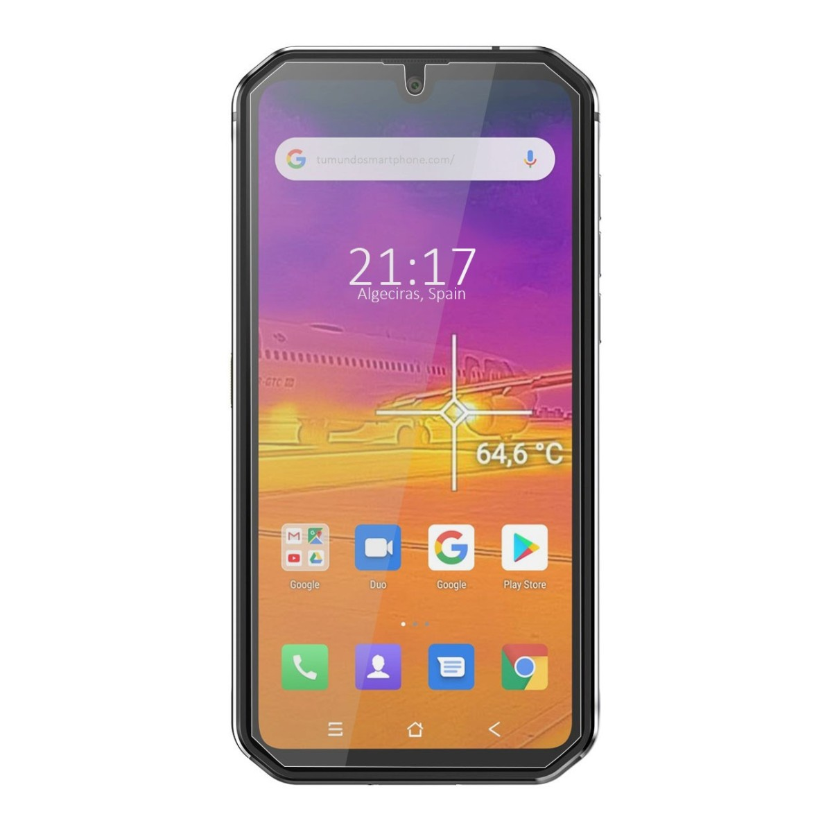 Una pantalla de smartphone negra muestra la hora, la ubicación y varios iconos y una lectura de temperatura. Muestra un avión.