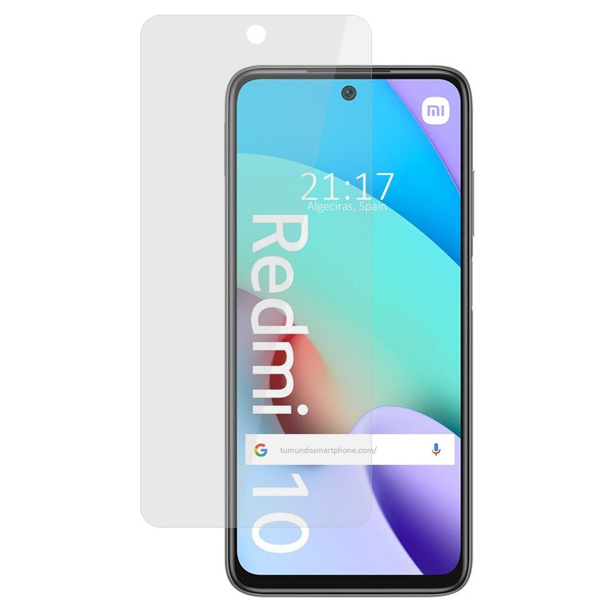 Telefono nero con ora e testo Redmi 10. Proteggi schermo a sinistra.