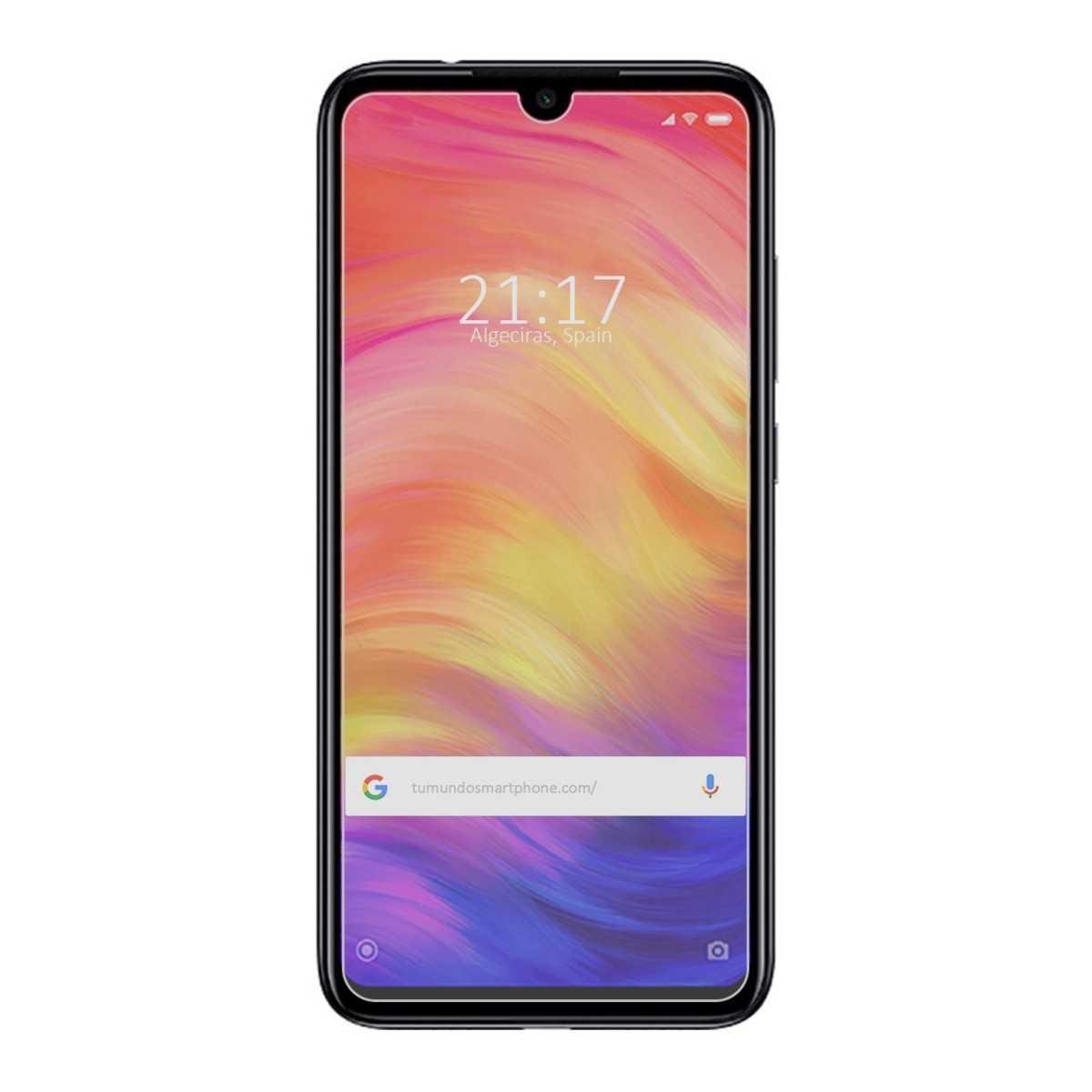 Un smartphone muestra la hora y la fecha sobre un fondo abstracto rosa, naranja y amarillo, con un marco negro.