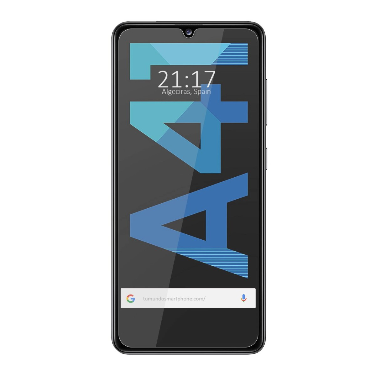 Lo schermo del telefono mostra forme blu e bianche con l'ora e il luogo.