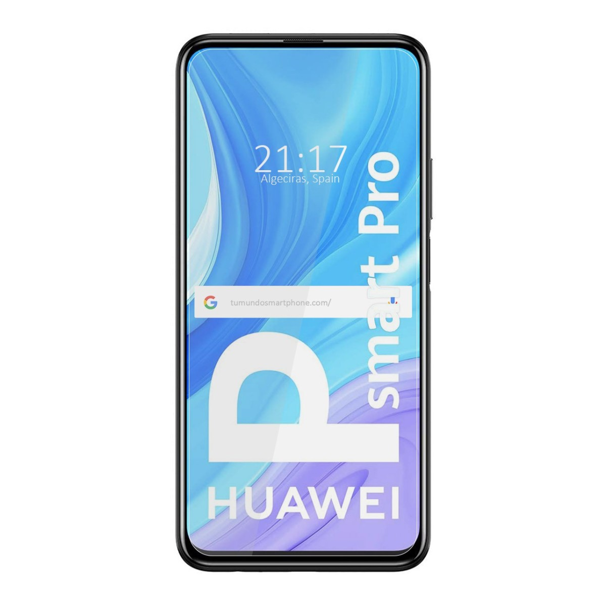 Smartphone Huawei smart Pro sobre fondo blanco, mostrando hora, ubicación y barra búsqueda.