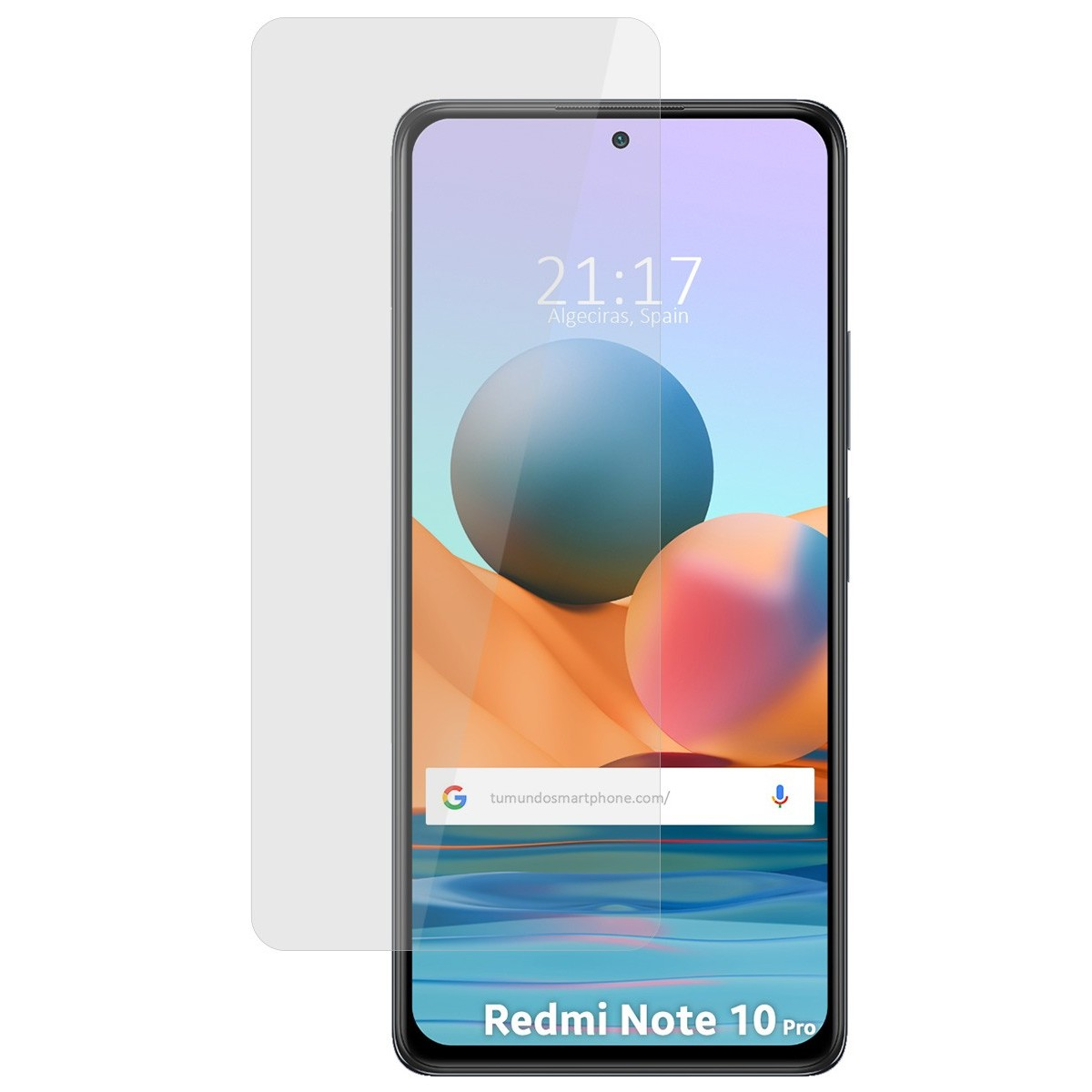 Teléfono y protector de pantalla. Pantalla muestra esferas naranjas y azules. Redmi Note 10 Pro.